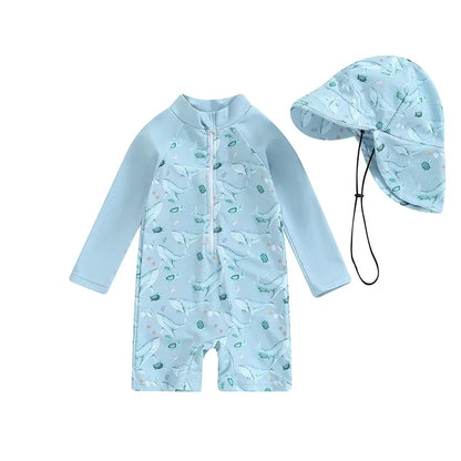 Fast-Dry Baby Rash Guard Swimsuit Kit With Sun Hat - Long Sleeve, Polyester, For Beach And Sun Protection