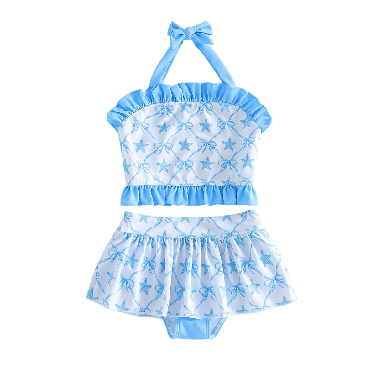 Light girls' bikini set - halter top, starfish print, ruffle trim, polyester, for summer beach