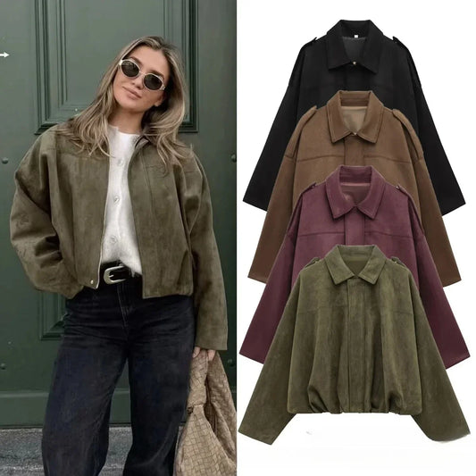 Women’s Oversized Bomber Jacket - Boxy, Velvet, Autumn