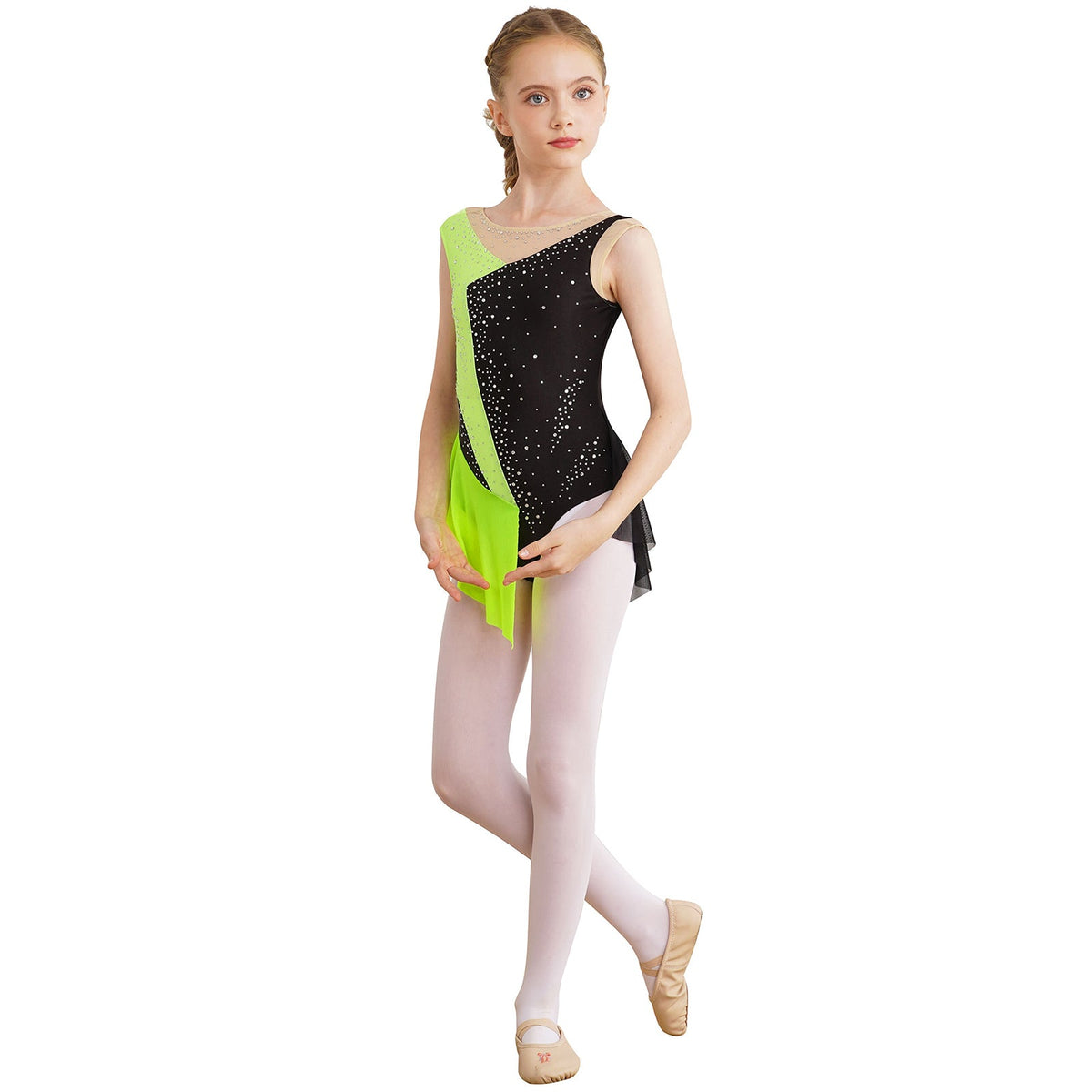 girls' Stretchy leotard - rhinestone mesh yoke, sleeveless, polyester, nylon, elastane, for lyrical dance performance
