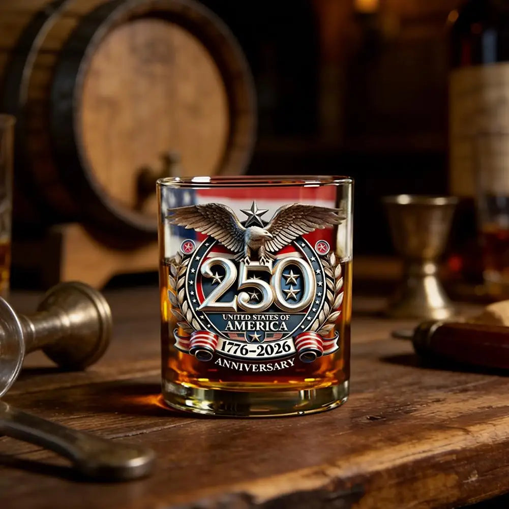 Whiskey Patriotic Glass Hand Blown Eagle Glassware USA 250th Anniversary Rotating Cup Gift Idea
