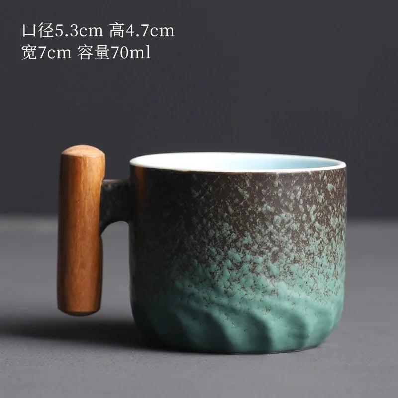 Cup Espresso Porcelain With Wooden Handle Handmade Vintage Mug, Fall 2025 Cozy Gift For Coffee Lovers