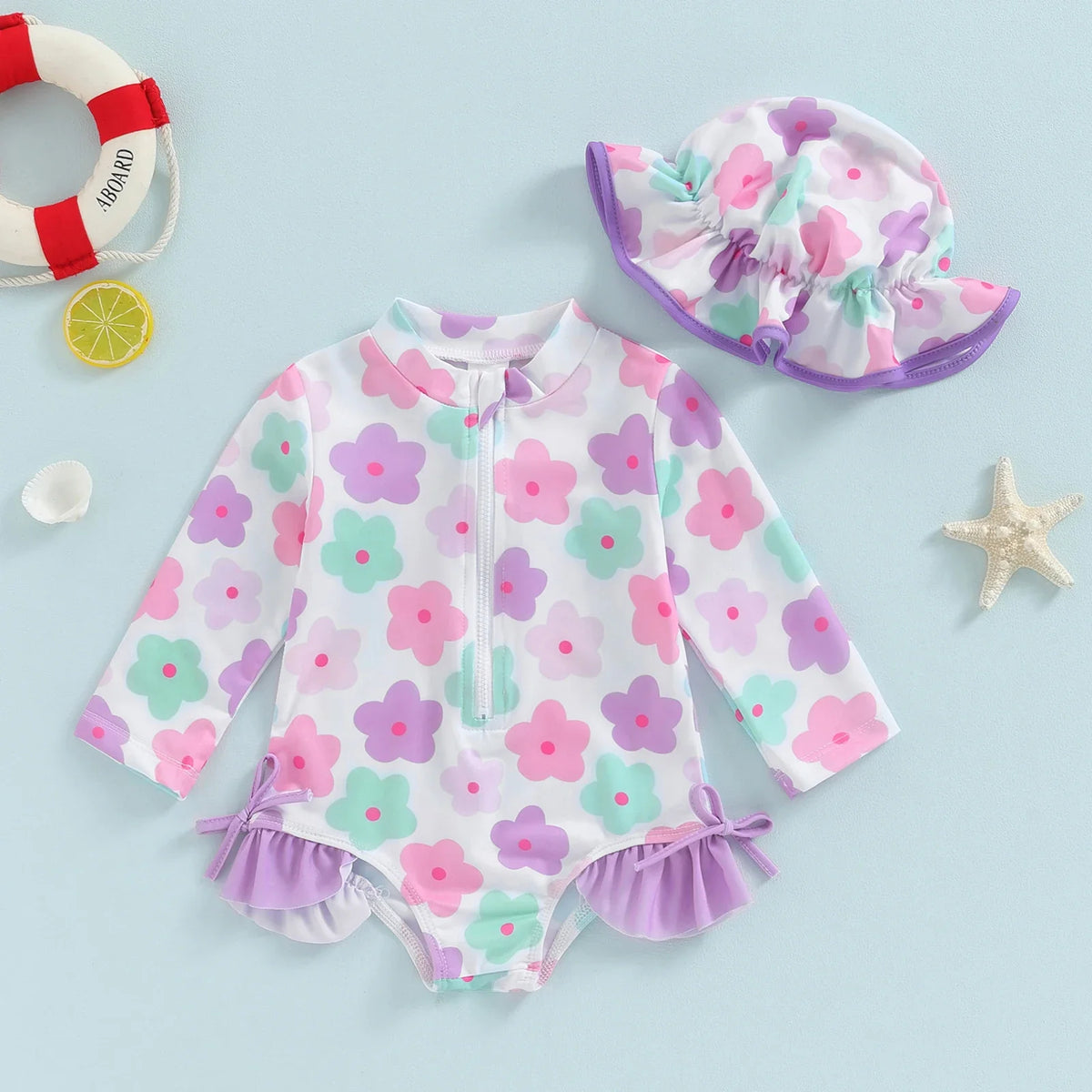 Plush Toddler Girls' Swimsuit - Long Sleeve, Zip Front, Flattering Flower Print, Polyester, Beach & Pool Swimwear