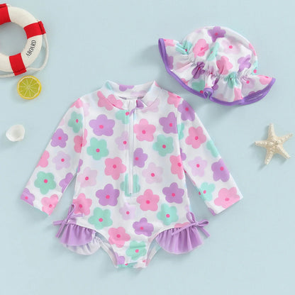 Plush Toddler Girls' Swimsuit - Long Sleeve, Zip Front, Flattering Flower Print, Polyester, Beach & Pool Swimwear