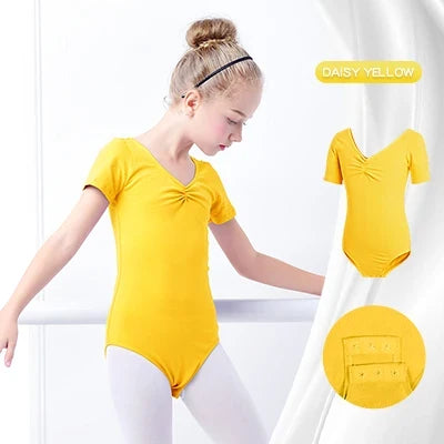 Plush girls ballet leotard - drawstring neckline, ruched front, cotton knit, for dance class