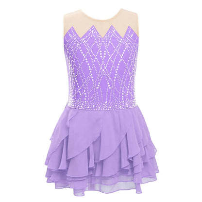 Light Girls' Leotard - Rhinestone Embellished, Mesh Skirt, Polyester/Nylon/Elastane, For Ballet, Gymnastics