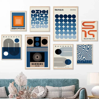 Abstract Blue Bauhaus Canvas Wall Art Contemporary Bedroom