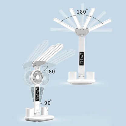 Battery-Powered Desk Lamp LED With Fan And Clock Display Study Light Back To School 2025 Travel-Friendly Flexible Brightness