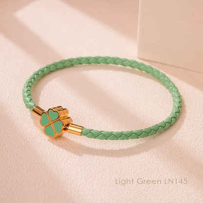 Leaf Four Clover Braided Leather Lucky Bracelet Gift