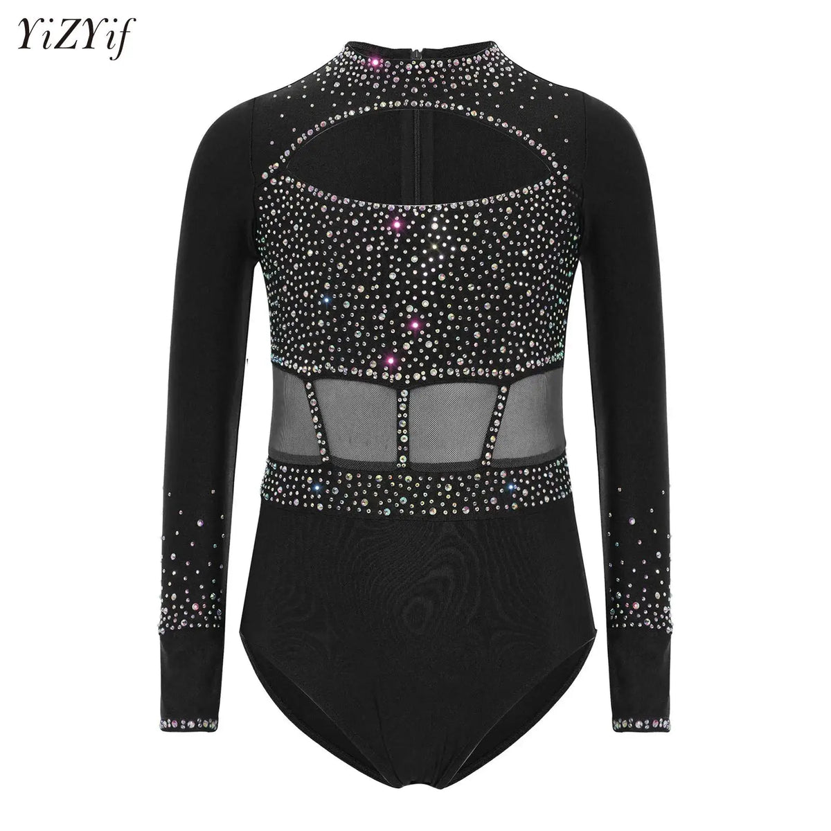Girls' Stretchy Leotard - flattering, rhinestone-detailed, long-sleeve, mesh-panel, polyester elastane, for gymnastics