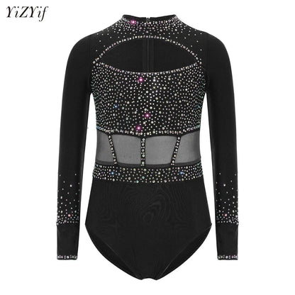 Girls' Stretchy Leotard - flattering, rhinestone-detailed, long-sleeve, mesh-panel, polyester elastane, for gymnastics