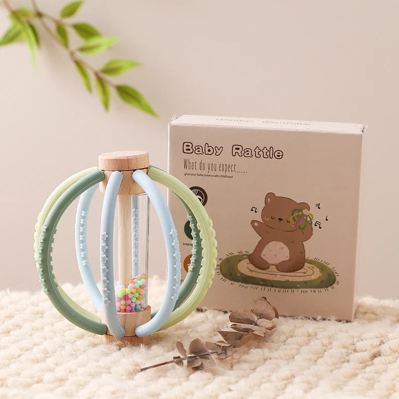 Rattle Baby Silicone Teether Wooden Newborn Sensory Toys