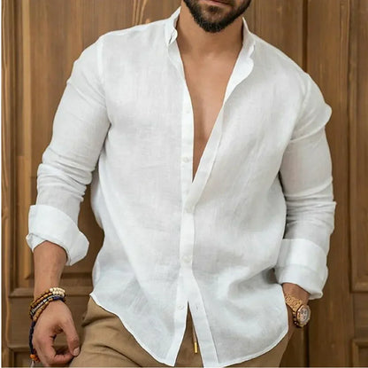 Lightweight Linen Beach Shirt for Men, Breathable Summer Casual Wear, Relaxed Fit, Available in White, Light Blue, Beige-3