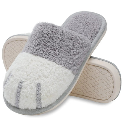 Plush, cozy women's slippers - cat paw design, memory foam insole, indoor winter lounging