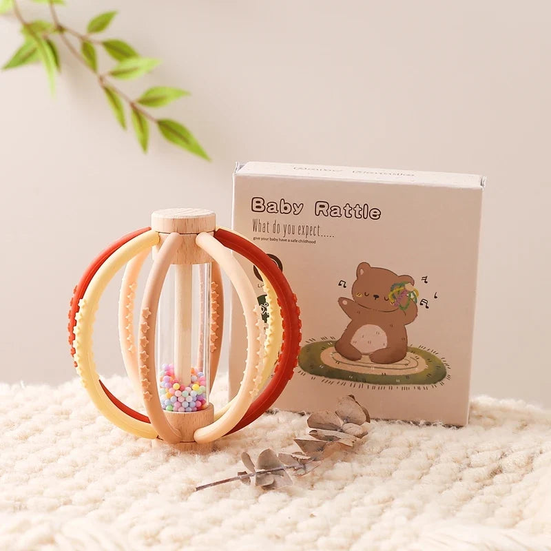 Rattle Baby Silicone Teether Wooden Newborn Sensory Toys