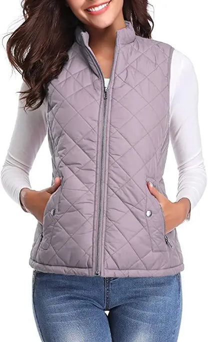 Light Women Quilted Vest - Stand Collar Cotton Winter