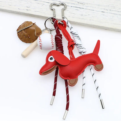 Pu Dachshund Leather Bag Charm Baseball Keychain Gift