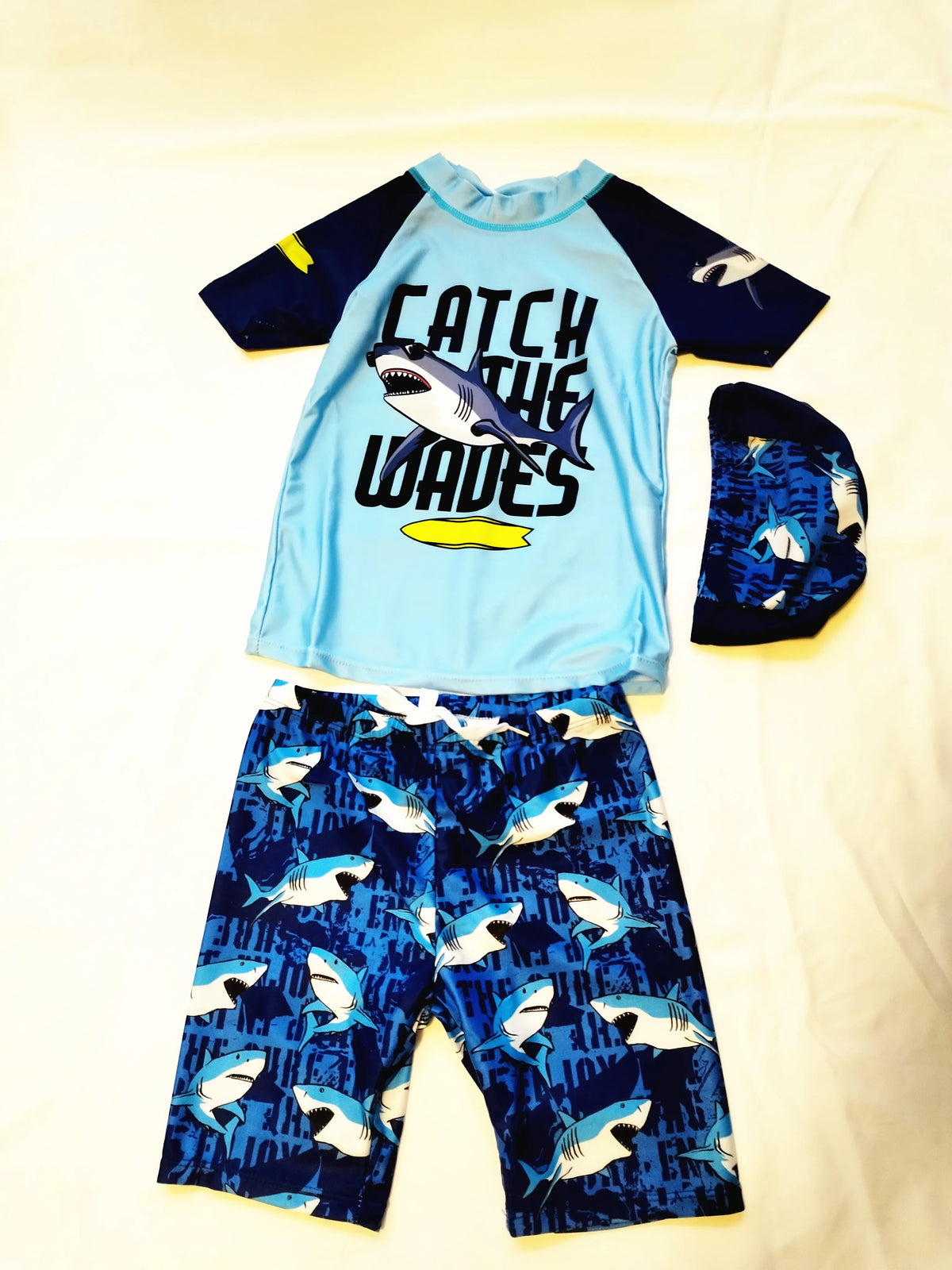 Light, Sturdy Boys' Two-Piece Swimsuit - Rash Guard Top, Shark-Print Trunks, Kit With Hat