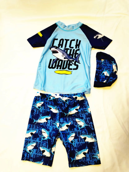 Light, Sturdy Boys' Two-Piece Swimsuit - Rash Guard Top, Shark-Print Trunks, Kit With Hat