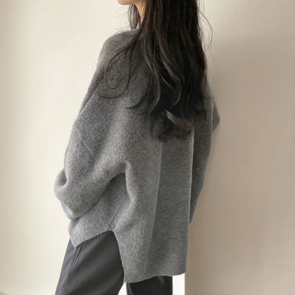 Cozy Oversized Women's Pullover - O Neck, Knit, Office Wear