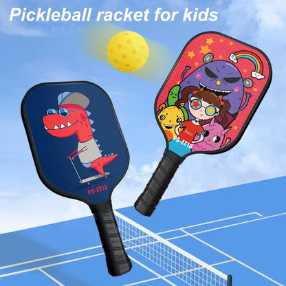 Light Children's Pickleball Paddle Kit with Cartoon Print, 2 Balls, Ideal for Kids Under 16, Sturdy Fiberglass, 180g