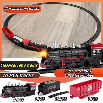 Retro Steam Motor-Driven Train Kit with Lights - Christmas Railway Toy for Kids, Great Holiday Gift