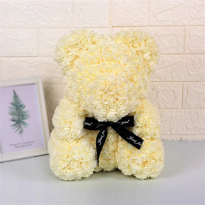 Rose Faux Teddy Bear with Gift Box and Lights - Romantic Anniversary or Valentine's Day Gift, Wedding Decor