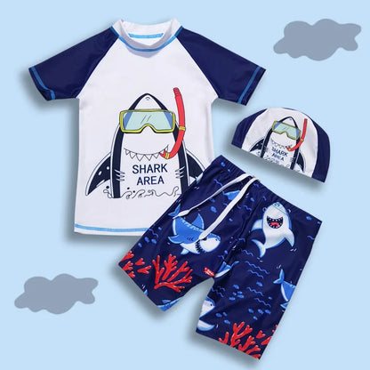 Light, Sturdy Boys' Two-Piece Swimsuit - Rash Guard Top, Shark-Print Trunks, Kit With Hat