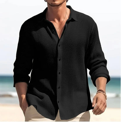 Long-Sleeved Men's Waffle Shirt - Casual Fashion Black Cardigan for Spring