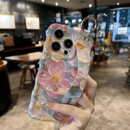 Painting Oil Flower Phone Case for iPhone 15 14 13 12 11 Pro Max with Wrist Band and Kickstand