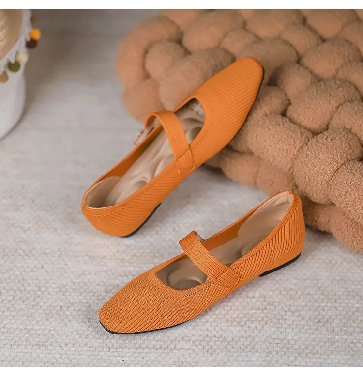Women Stretchy Mary Jane Flats - Ribbed Knit For Spring