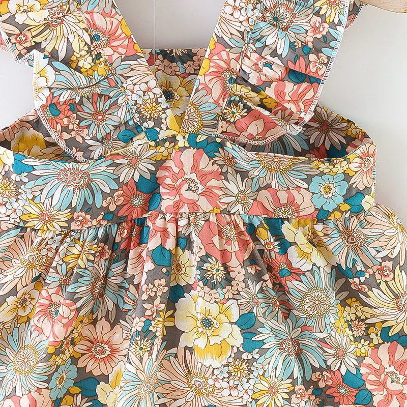 Plush Cozy Baby Girl Dress - Floral Flutter Sleeve, Polyester, For Summer Outings And Playtime