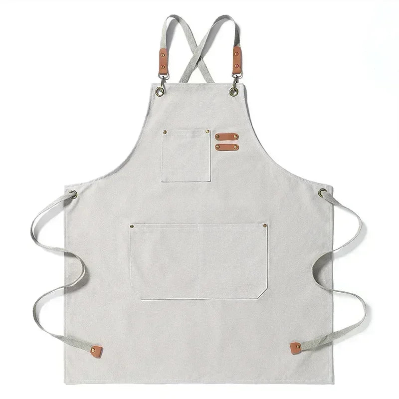 Chef Apron Canvas Crossback Utility Apron With Leather Trim And Pockets Fall 2025 Sturdy BBQ Workshop