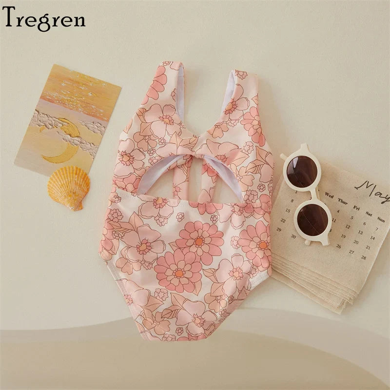 Plush Toddler Girls' One-Piece Swimsuit - Floral Print Bow-Tie Detail, Polyester, For Summer