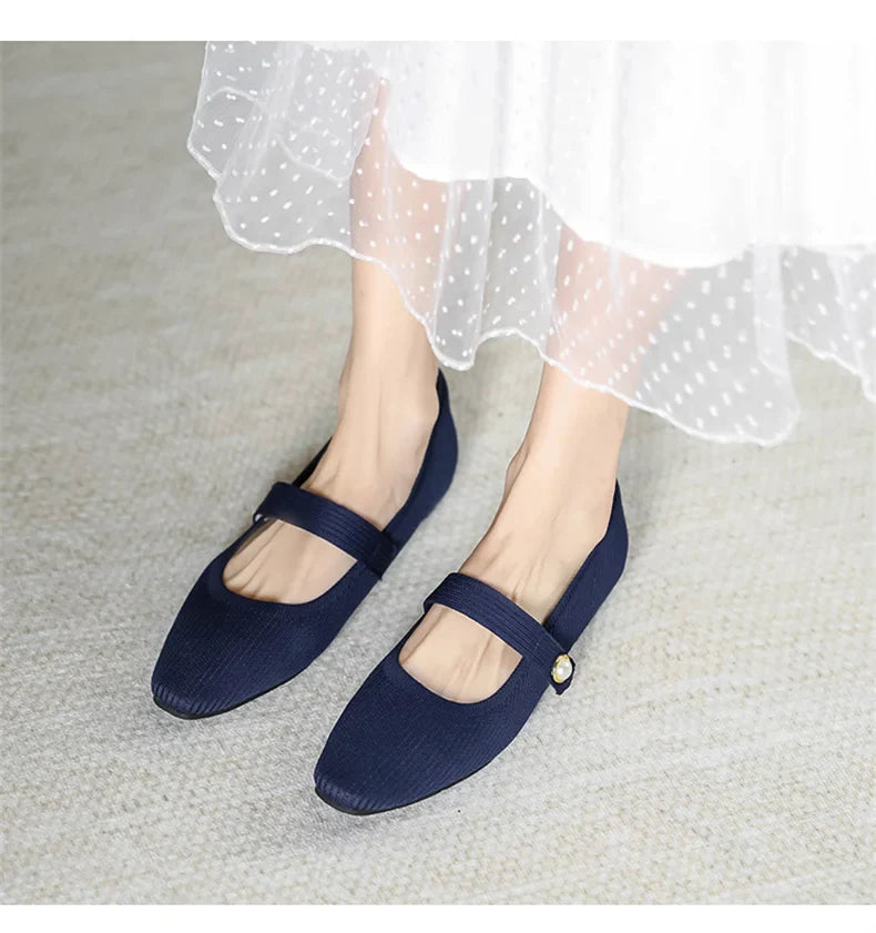 Women Stretchy Mary Jane Flats - Ribbed Knit For Spring