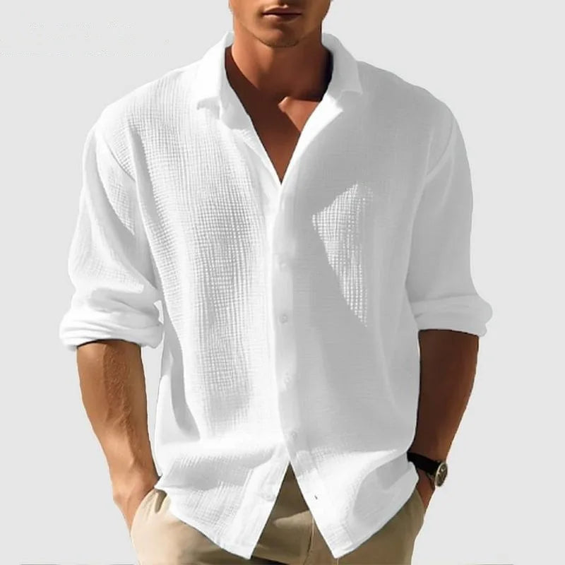 Long-Sleeved Men's Waffle Shirt - Casual Fashion Black Cardigan for Spring