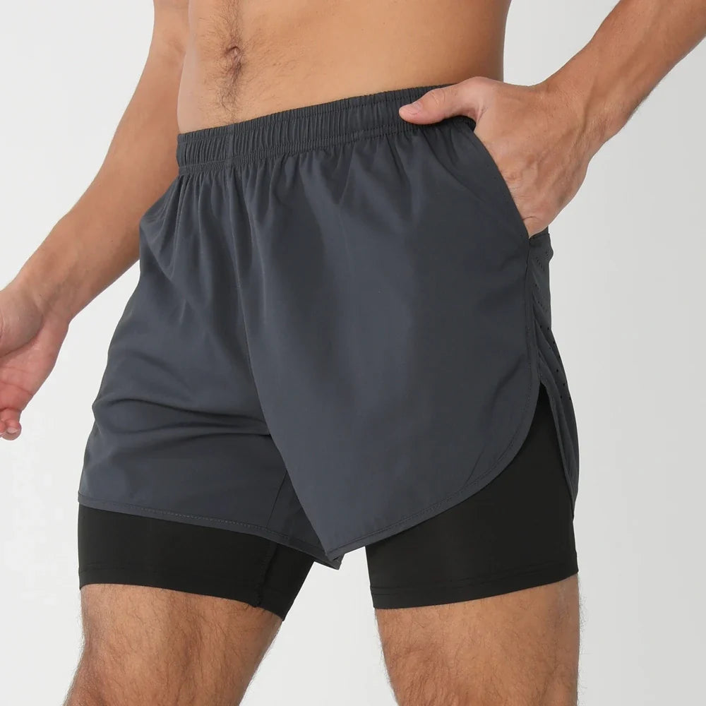 Fast-dry men's 2-in-1 running shorts - lightweight lined, polyester, for gym and summer training