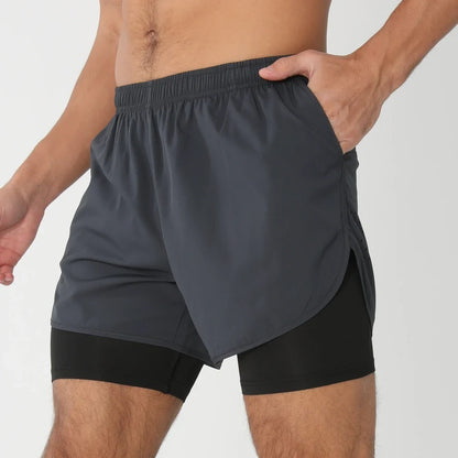 Fast-dry men's 2-in-1 running shorts - lightweight lined, polyester, for gym and summer training