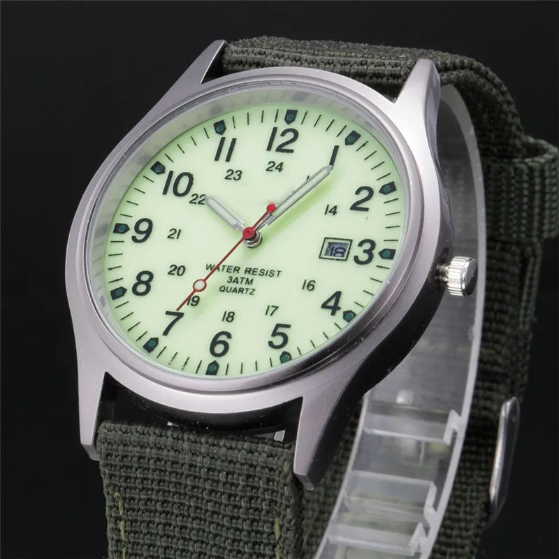 Field Quartz Watch Nylon Strap Military Style Date Luminous