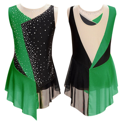 girls' Stretchy leotard - rhinestone mesh yoke, sleeveless, polyester, nylon, elastane, for lyrical dance performance