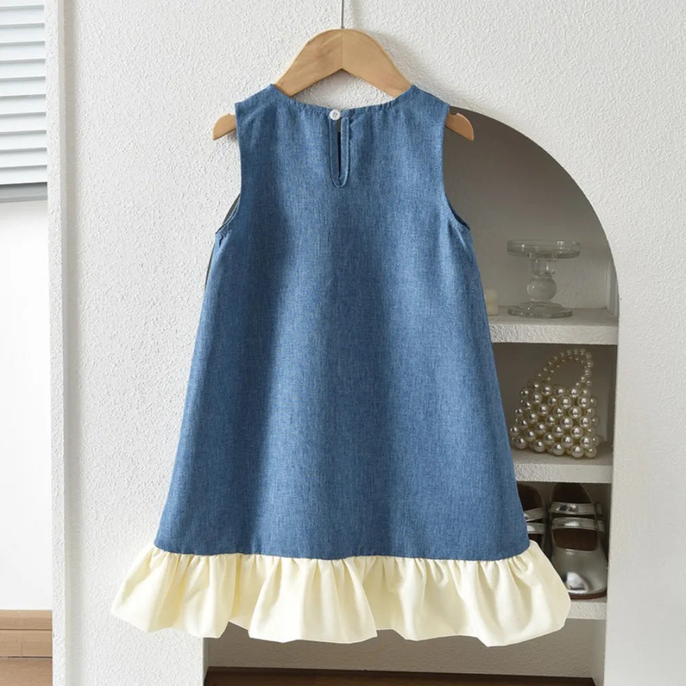 Plush girls' dress - round-neck sleeveless, bow-accented a-line, polyester, casual summer wear
