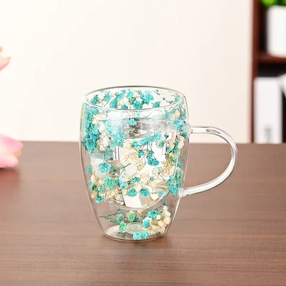 Wall Double Glass Cup with Handle Dried Flower Decorated Ins Style Mug 300ML
