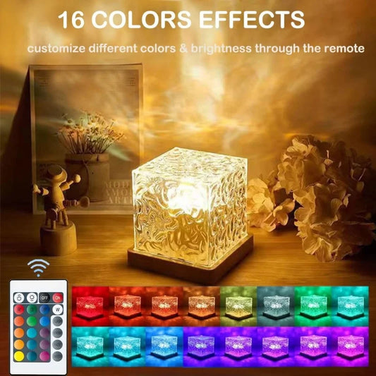Flame Crystal Ambient Lamp Household Decor 2026 – Rotating Water Ripple Night Light Projector 16 Colors