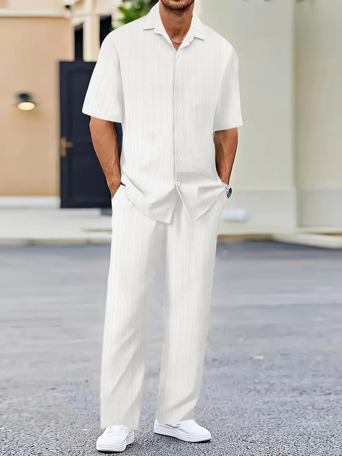 Lightweight Linen Shirt and Pants Set, Vertical Striped Design, Relaxed Fit for Casual and Semi-Formal Wear-1
