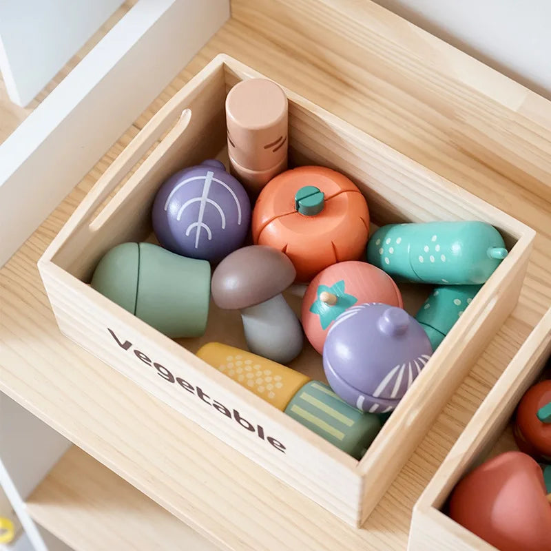 Kids Wooden Kitchen Playset with Cutting Food Accessories - Fruits, Vegetables & Bakery Toys