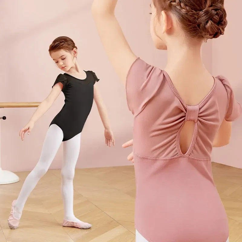 girls' Stretchy ballet leotard - short sleeve, back bow detail, cotton-elastane, for dance class