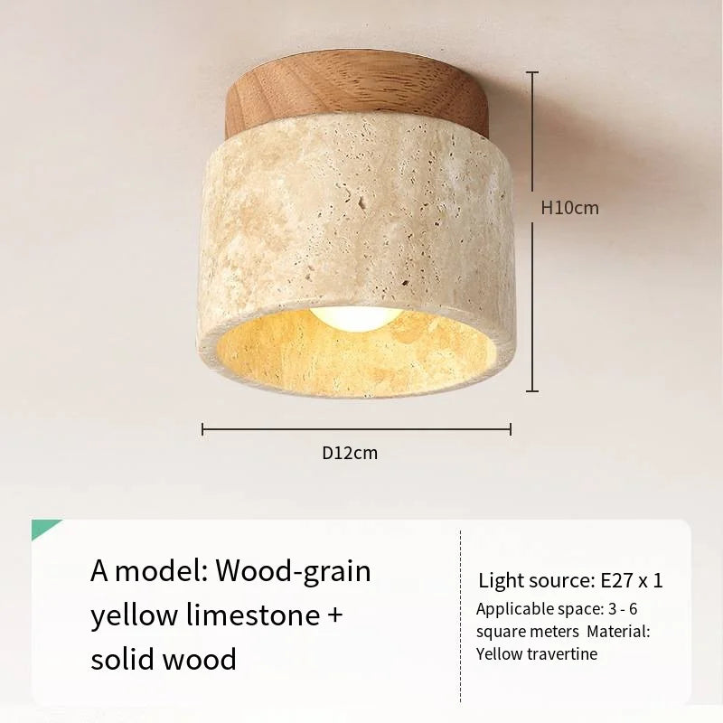 Travertine Japandi Ceiling Light Wood Cap Round Mid Century Lamp
