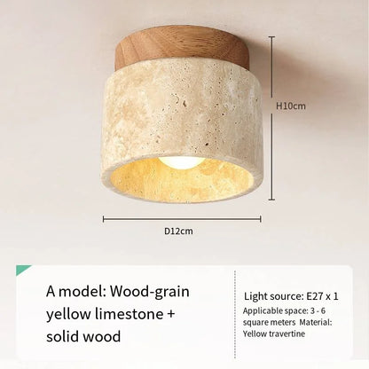 Travertine Japandi Ceiling Light Wood Cap Round Mid Century Lamp