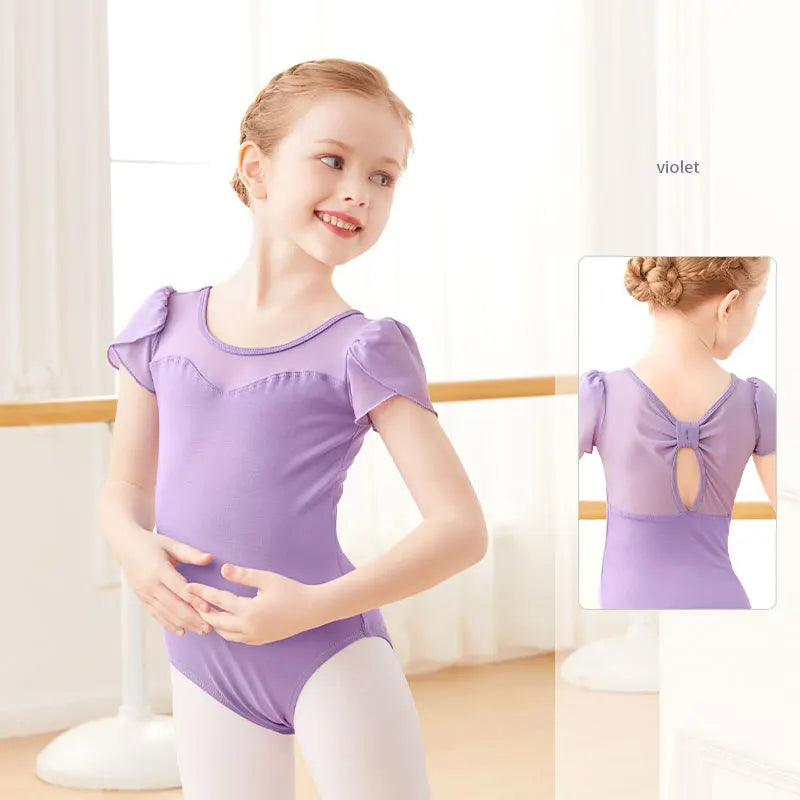 girls' Stretchy ballet leotard - short sleeve, back bow detail, cotton-elastane, for dance class