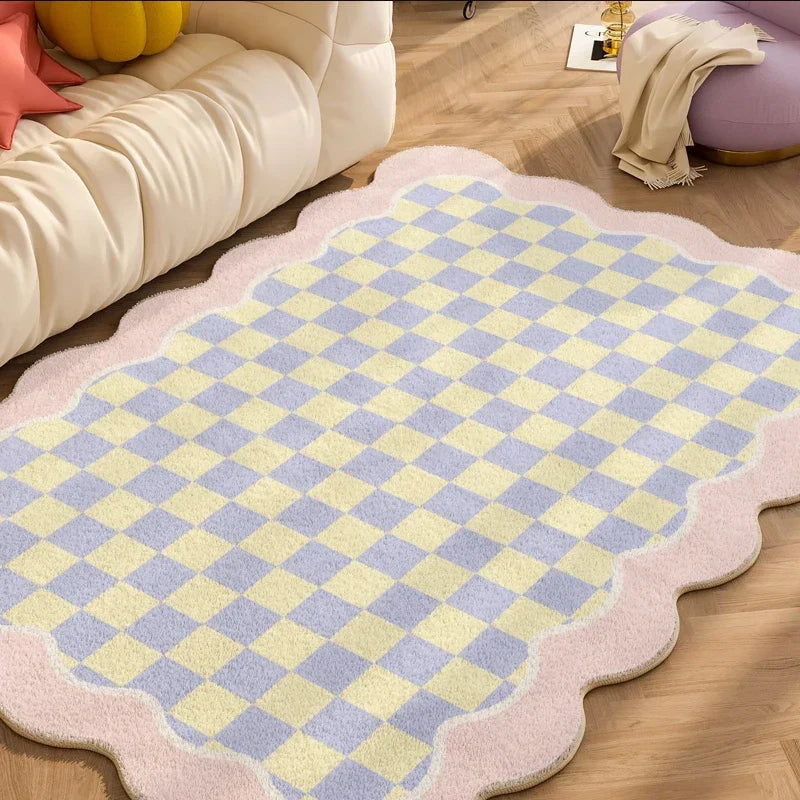 Rug Plush Checkered Scalloped Area Rug, Kids Bedroom Living Room Accent Fall 2025 Cozy Fluffy Machine Washable
